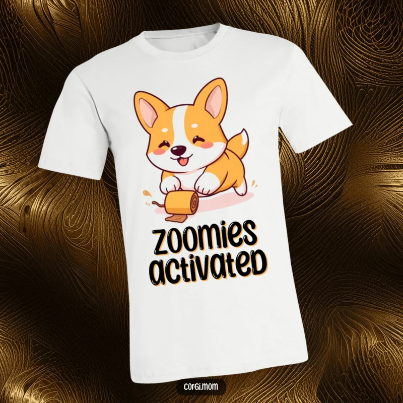 Funny Kawaii Corgi t-shirt, stubby legs energetically chasing a rolling treat, vibrant and full of humorous, puppy-like determination.