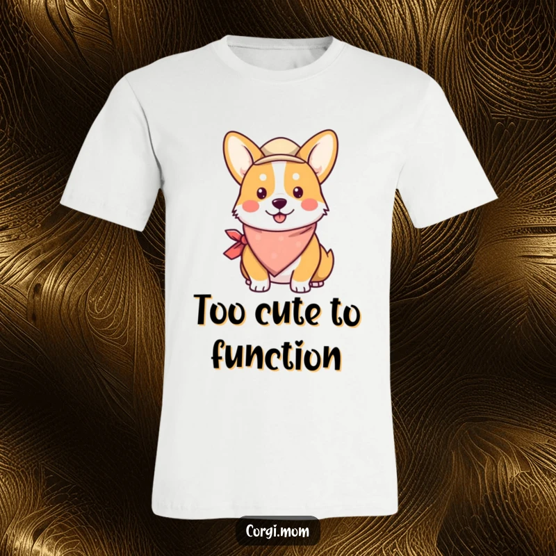 Funny Kawaii Corgi T-Shirt design showcasing a ridiculously cute corgi wearing a festive bandana and a jaunty little hat.