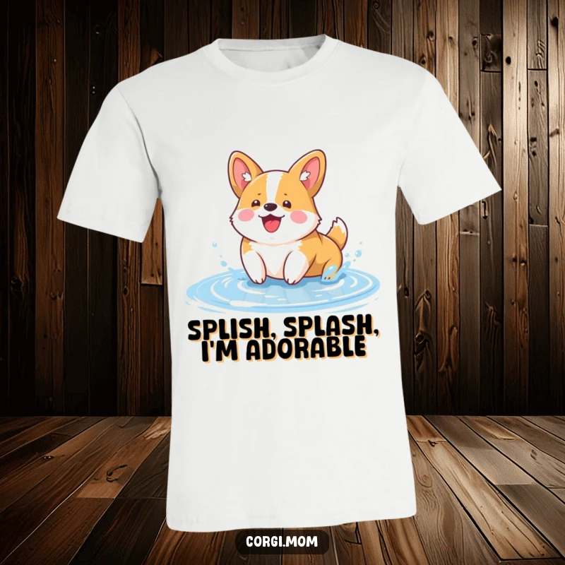 Funny Kawaii Corgi T-Shirt: a joyful kawaii corgi with perky ears splashing playfully in a puddle, radiating pure happiness.