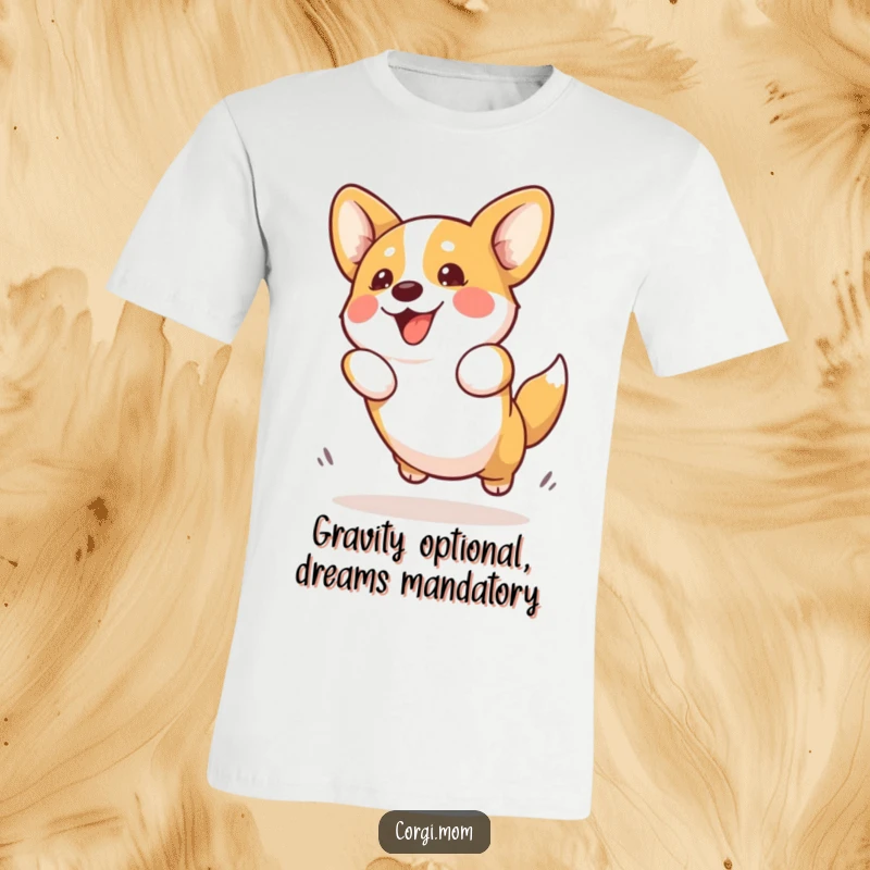 Funny Kawaii Corgi T-Shirt showing a cute Corgi dog enthusiastically attempting a playful jump, full of action and puppy excitement.