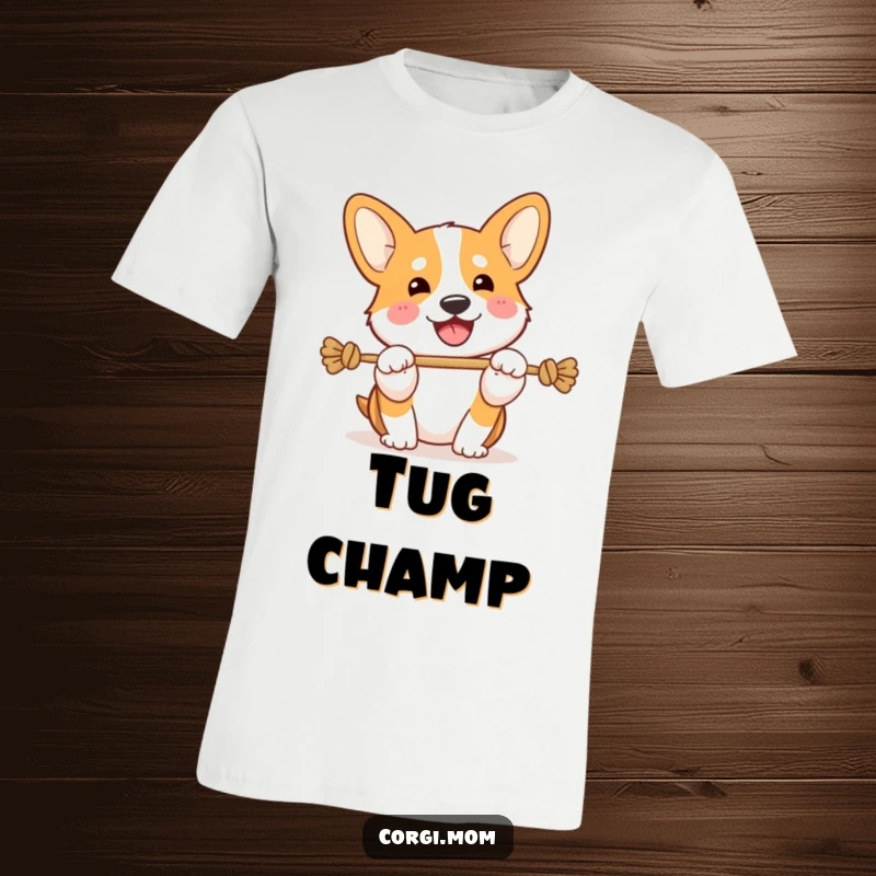 Funny Kawaii Corgi t-shirt, playing tug-of-war with a happy snort, energetic and humorous design.