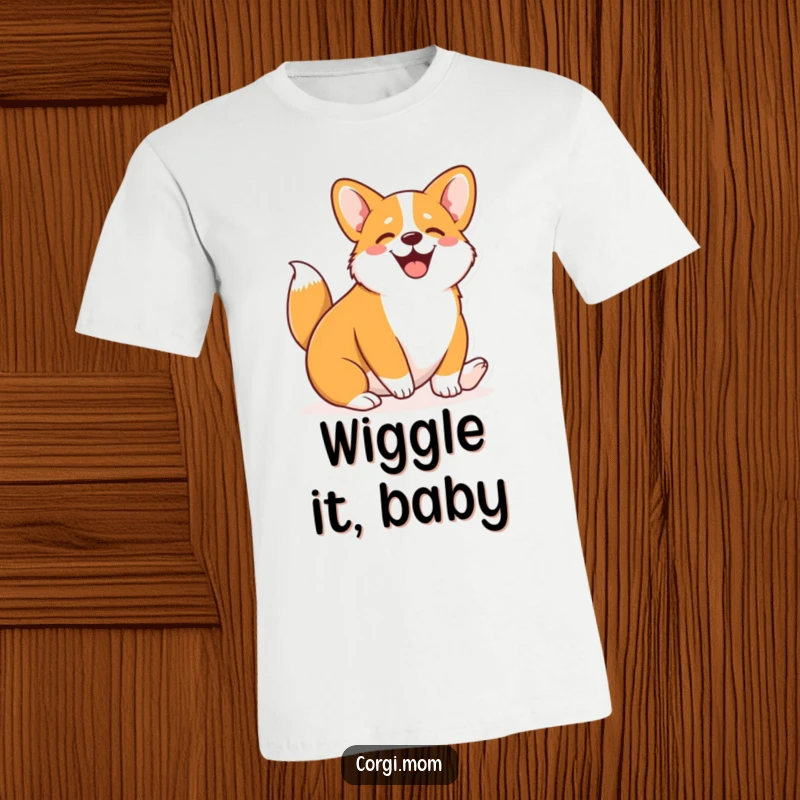 Funny Kawaii Corgi t-shirt featuring a cute Corgi wiggling its entire body with pure joy, a humorous gift.