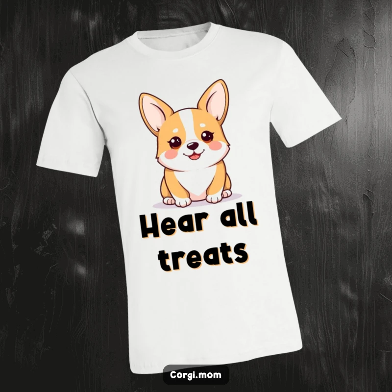 Funny Kawaii Corgi T-Shirt with perky ears, looking alert and happy, conveying pure joy, ideal for dog moms.