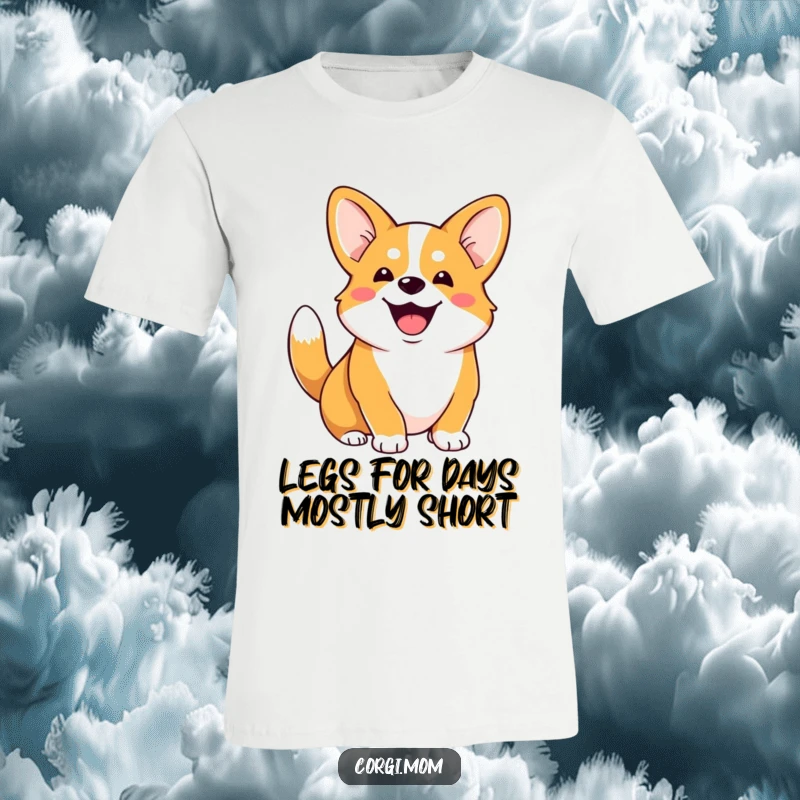 Funny Corgi t-shirt with a gleeful Corgi expressing pure happiness and a furiously wagging stubby tail.