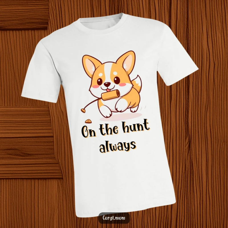 Funny kawaii Corgi with a determined expression chases a rolling treat, embodying focus on this humorous graphic t-shirt.