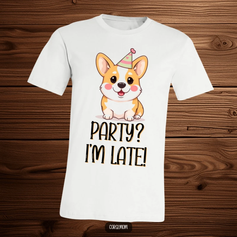Funny Kawaii Corgi T-Shirt: A cute Corgi wearing a tiny party hat with wide, surprised eyes.