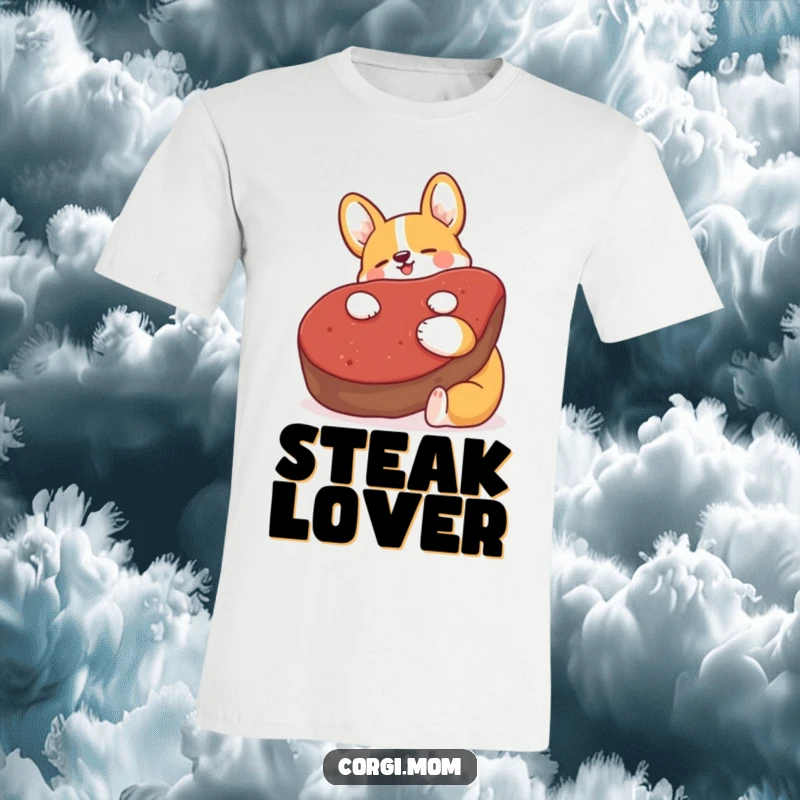 Funny Kawaii Corgi t-shirt, hugging a giant plush steak with pure bliss, ideal humorous gift for dog owners.