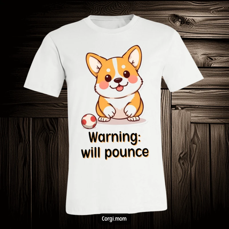 Funny Kawaii Corgi T-Shirt: A cute Corgi in a hunting squat, poised to pounce on a toy.