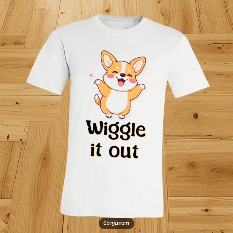 Funny Kawaii Corgi with perky ears doing a joyful wiggle dance, a side-splittingly cute t-shirt.