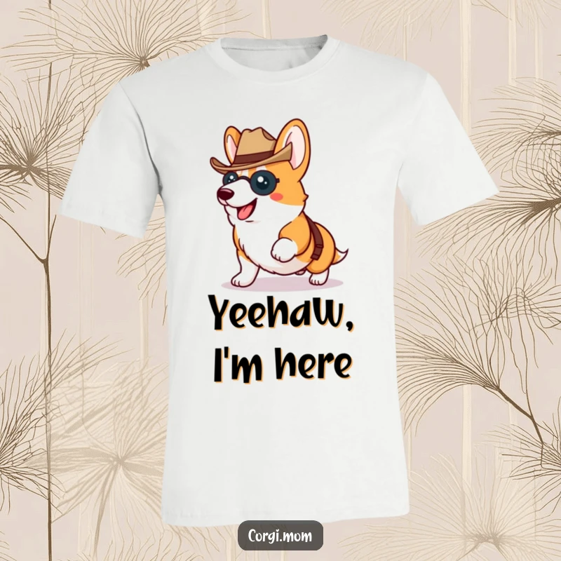 Funny Kawaii Corgi proudly trotting with a tiny cowboy hat, a humorous and stylish graphic tee.