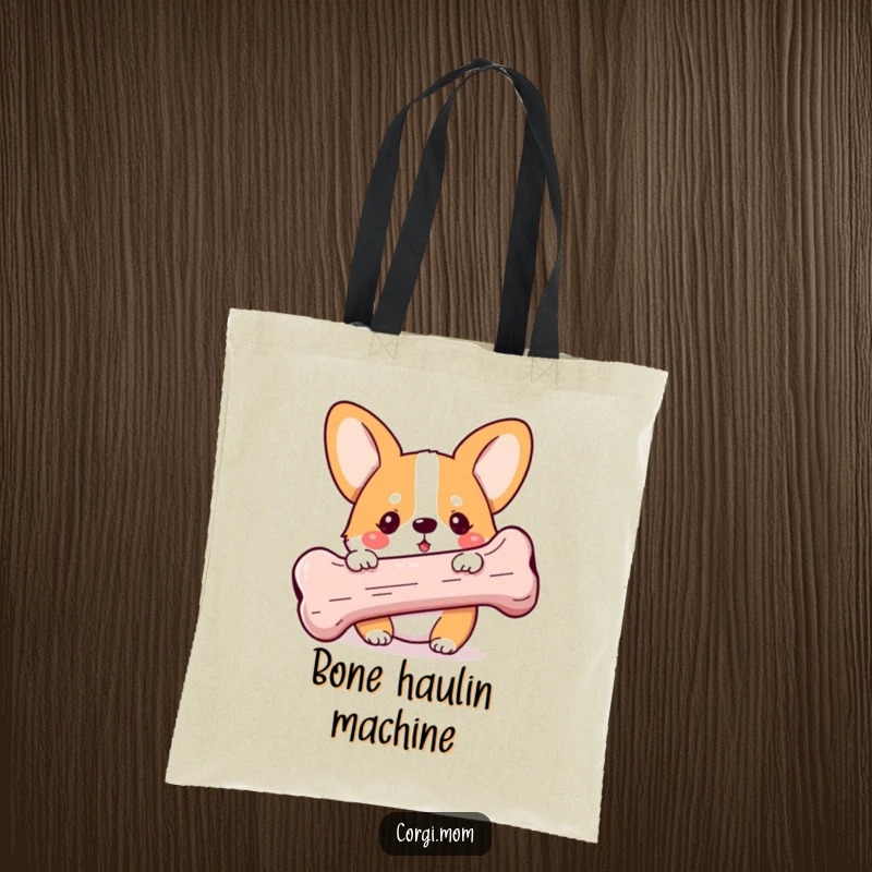 Funny Kawaii Corgi tote bag, peeking from behind a ridiculously large bone with a playful expression, great for shopping or daily use.