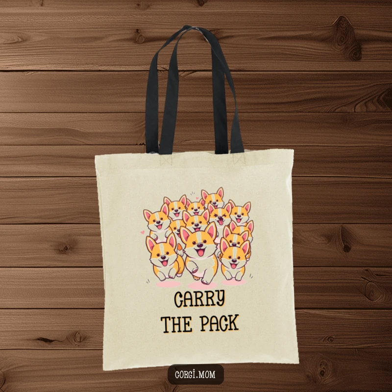 Funny Kawaii Corgi tote bag showing a happy, chaotic pack of dogs running together, great for everyday use.