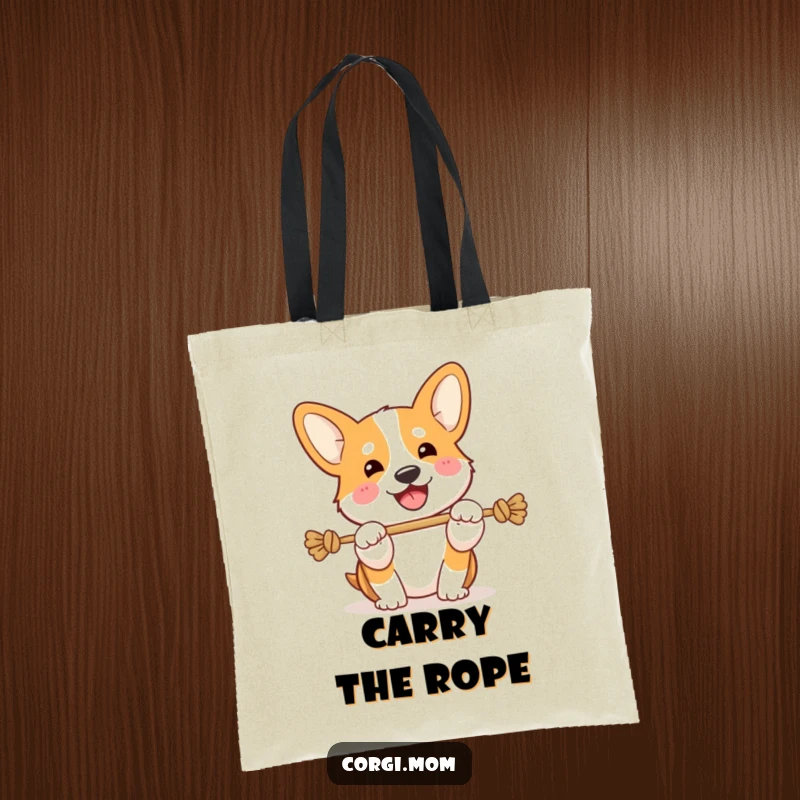Funny Kawaii Corgi tote bag, playing tug-of-war with a happy snort, humorous and practical.