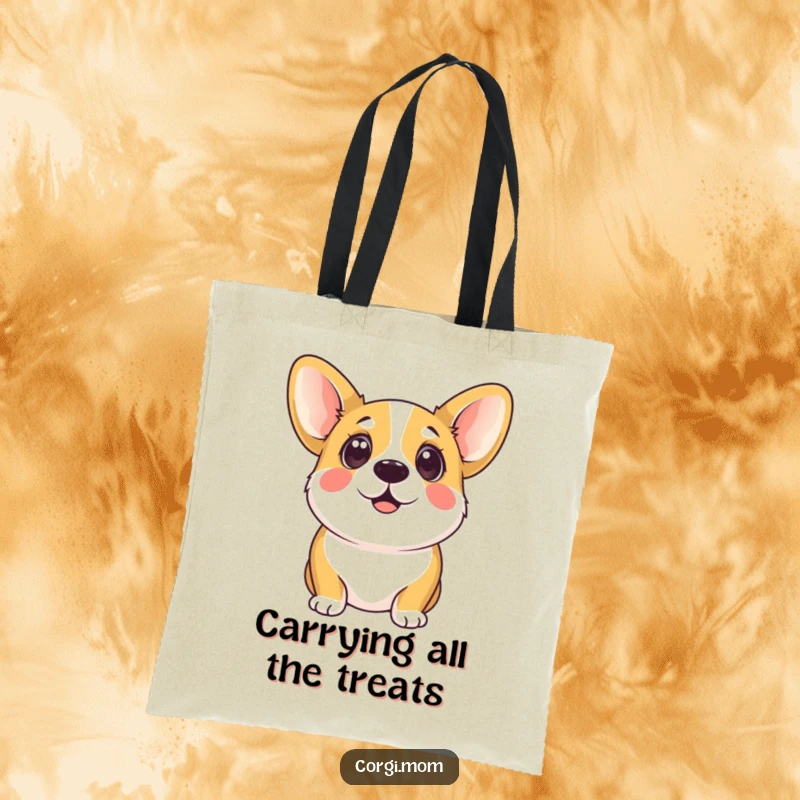 Funny kawaii corgi with large, expressive, eager eyes looking up, showcased on a practical and charming tote bag.