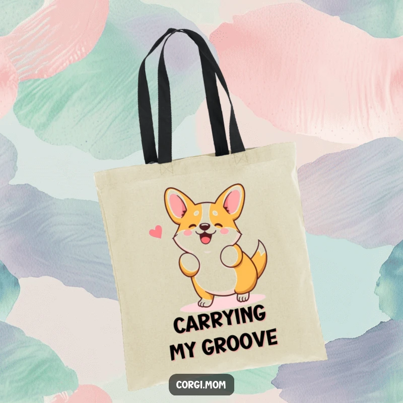 Funny Kawaii Corgi Tote Bag showing a cute Corgi dog doing a silly wiggle dance, perfect for a humorous and functional carry-all.