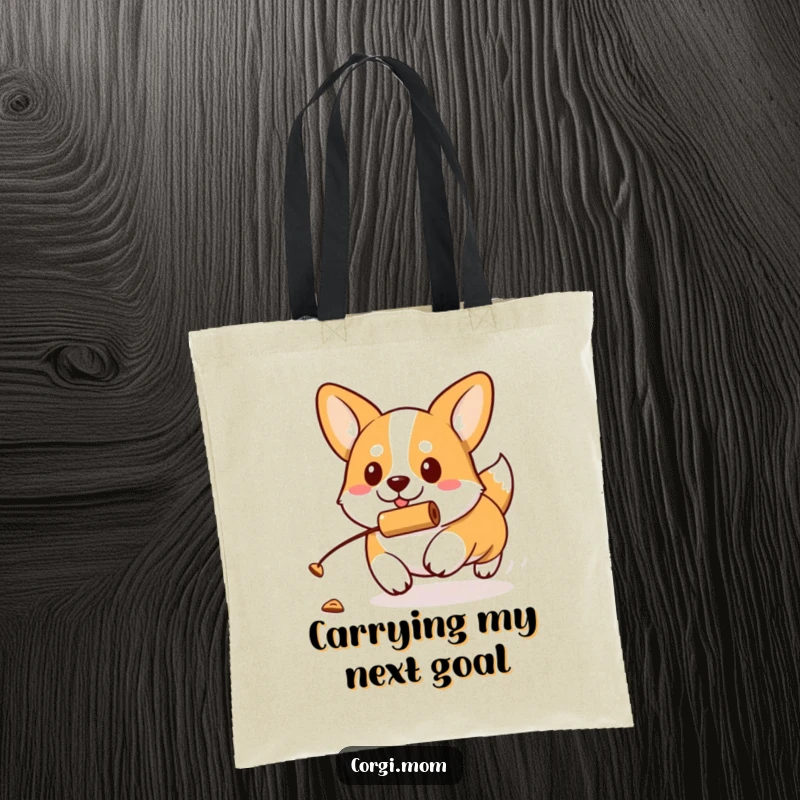 Funny kawaii Corgi with a determined expression chases a rolling treat on this durable and stylish tote bag.