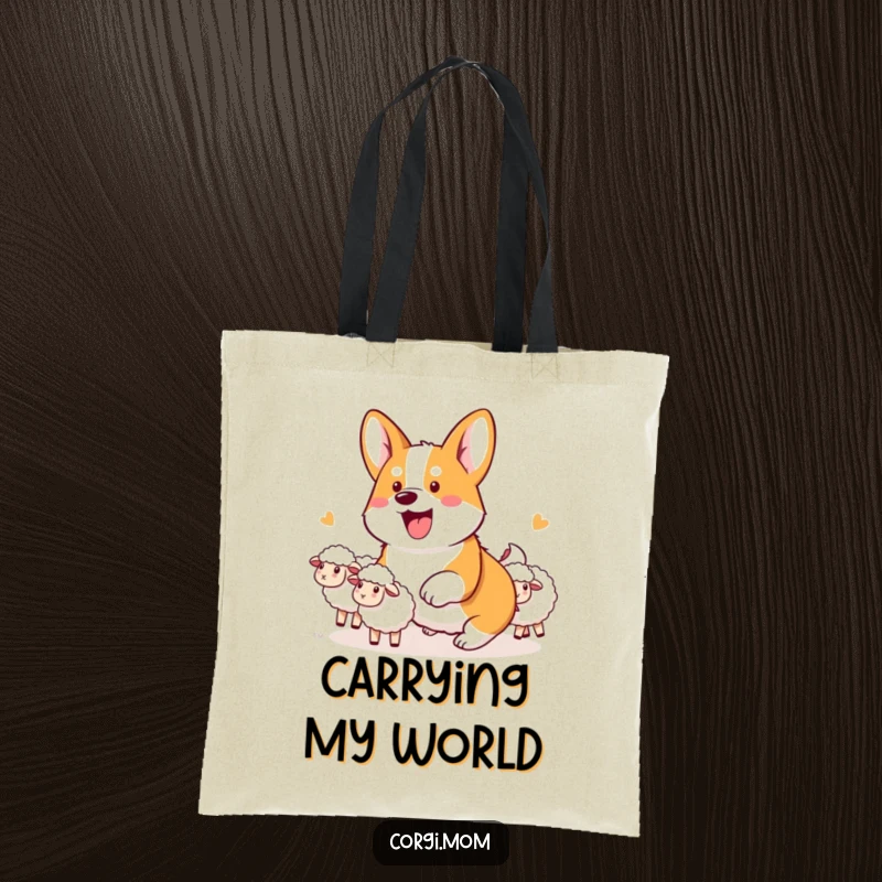 Funny Kawaii Corgi Tote Bag print of a determined corgi enthusiastically herding invisible sheep across a field.