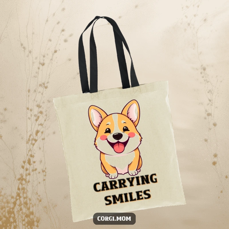 Funny Tote Bag with a cheerful Kawaii Corgi sporting a massive, hilarious grin, ready to carry your items with joy.