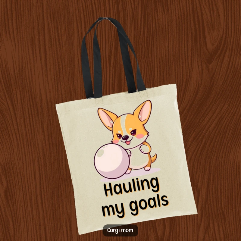Funny tote bag featuring a determined Corgi pushing a large bouncy ball, perfect for carrying essentials with purpose.