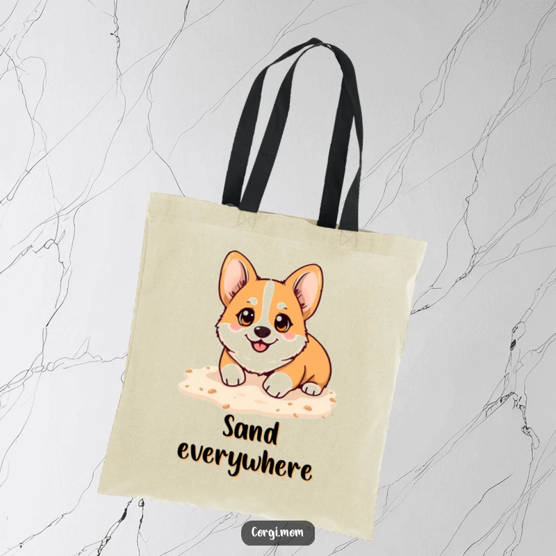 Funny Kawaii Corgi tote bag, bright happy eyes, playfully digging in soft sand, perfect for beach trips with a humorous touch.