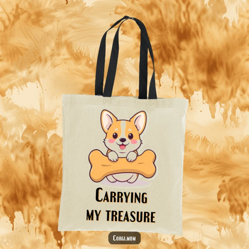 Funny Kawaii Corgi Tote Bag showing a cute Corgi peeking from behind a giant bone, perfect for a playful and humorous carry-all.