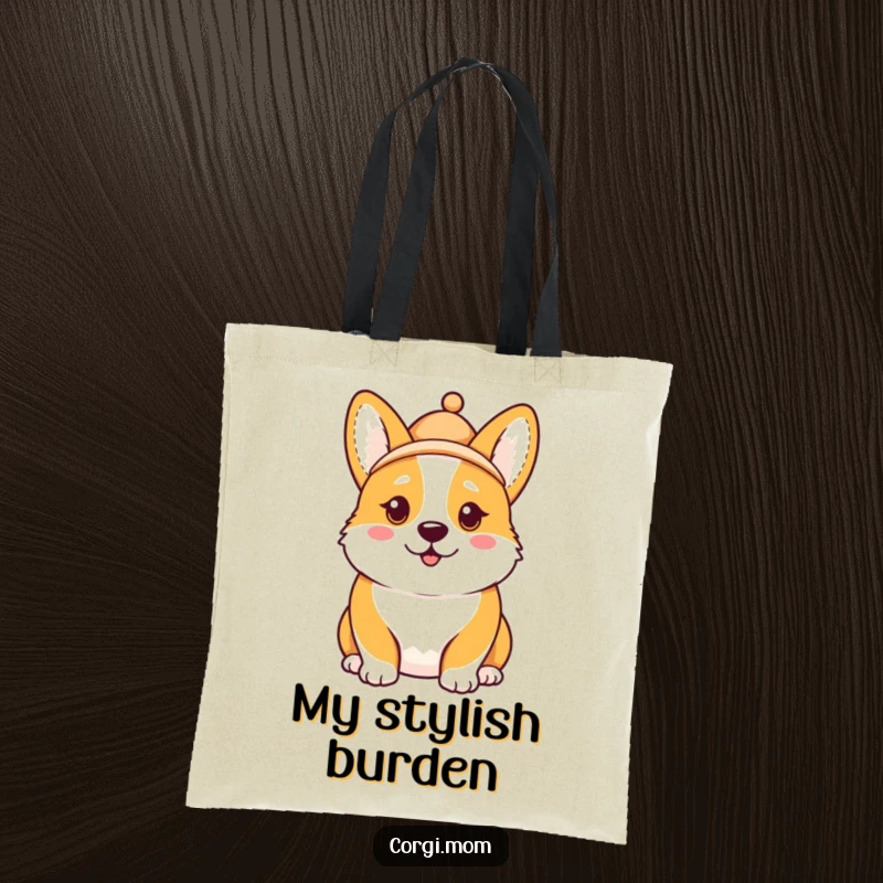 Funny Kawaii Corgi tote bag, comical expression, miniature hat askew, a humorous and practical companion for errands.