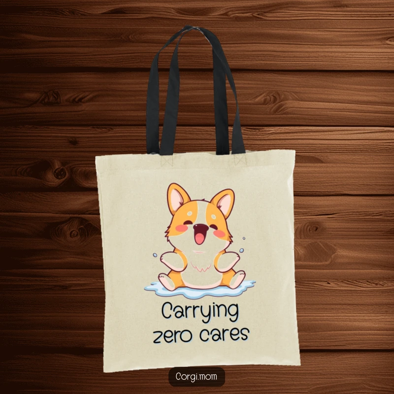 Funny Kawaii Corgi tote bag showcasing an adorable dog in a full sploot, perfect for carrying essentials with personality.
