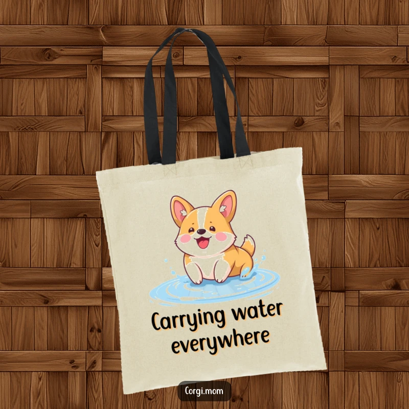 Funny Kawaii Corgi Tote Bag: an adorable corgi character happily splashing in a small puddle, showcasing a vibrant, cheerful design.
