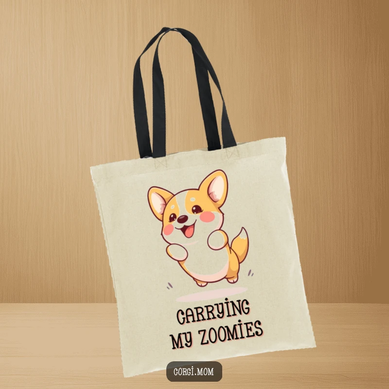Funny Kawaii Corgi Tote Bag illustrating an adorable Corgi dog enthusiastically attempting a playful jump, showcasing cute but energetic dog art.
