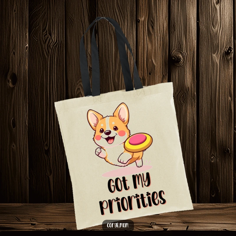 Funny Kawaii Corgi Tote Bag: A cute Corgi happily chasing a frisbee, perfect for errands.
