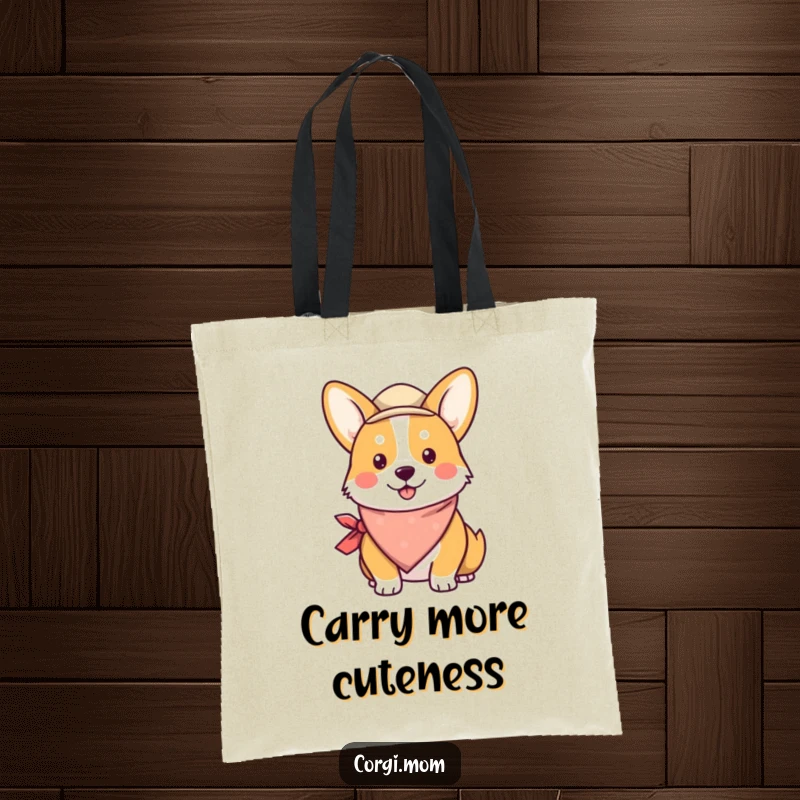 Funny Kawaii Corgi Tote Bag print of a charming corgi wearing a colorful bandana and a cute small hat.
