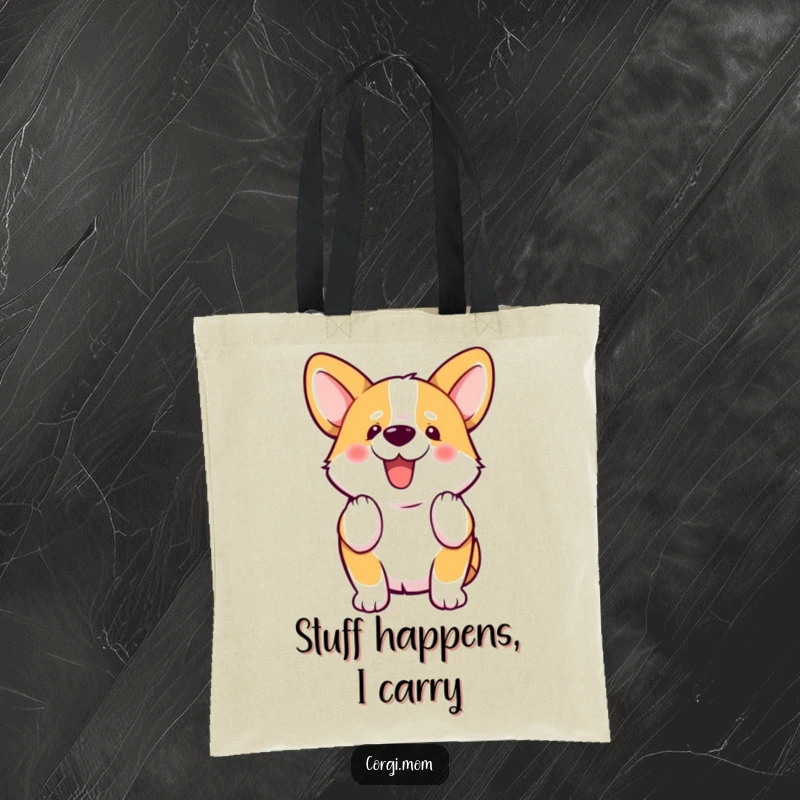Funny kawaii Corgi wiggles its stubby tail with pure delight on this durable and stylish tote bag.