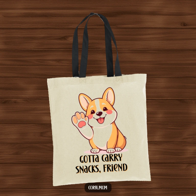 Funny Corgi tote bag with a happy Corgi offering a friendly paw and panting joyfully, perfect for dog enthusiasts.