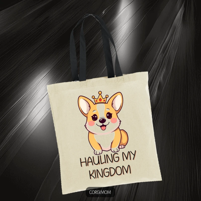 Funny Happy Corgi Tote Bag depicting a cute Corgi dog proudly wearing a tiny crown, ready for royal errands.