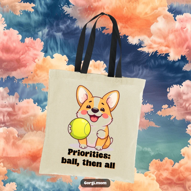 Funny Kawaii Corgi Tote Bag featuring a dog with a cheerful grin and tennis ball, a humorous and practical accessory for daily use.